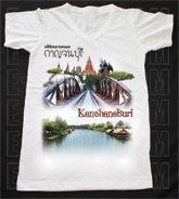 เสื้อยืดคอวีพร้อมสกรีนลายแหล่งท่องเที่ยว ลายกาญจนบุรี